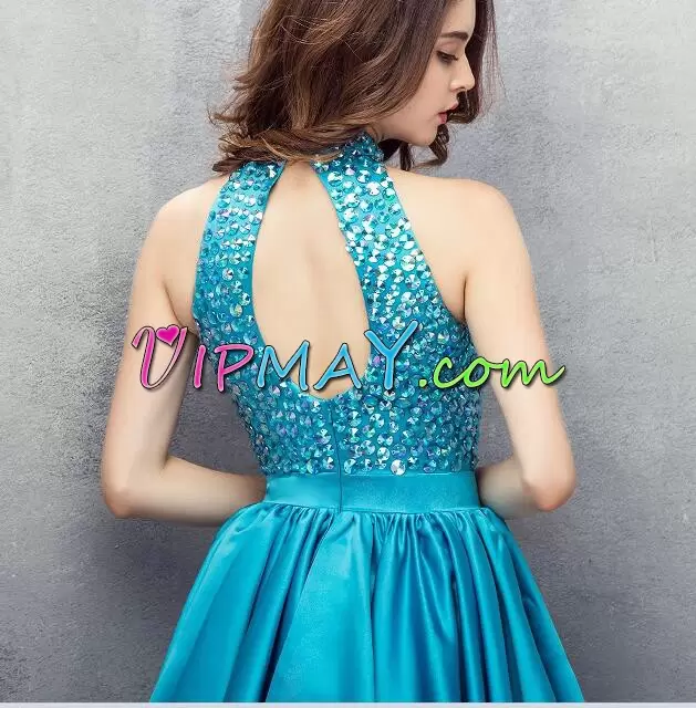 Blue Sleeveless Beading Knee Length Prom Evening Gown