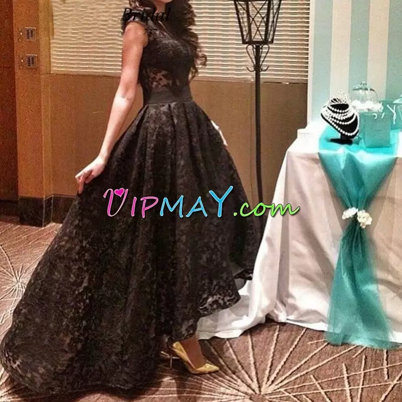 Top Selling Black A-line Sweetheart Sleeveless Satin With Train Sweep Train Lace Up Beading and Lace Homecoming Dresses