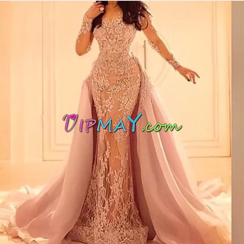 High Class Pink Organza and Lace Lace Up Evening Outfits Long Sleeves With Train Watteau Train Appliques