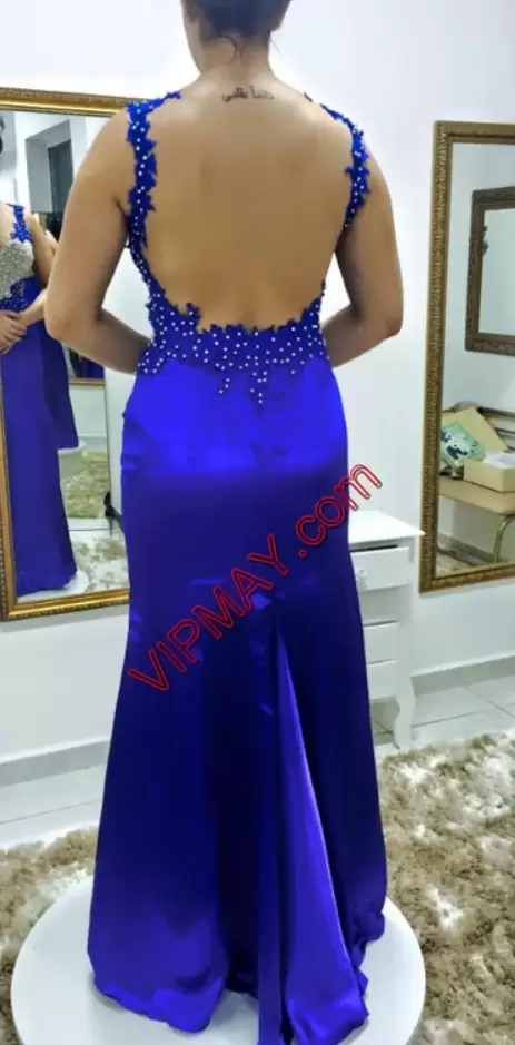 One Shoulder Sleeveless Homecoming Dress Online Floor Length Beading Royal Blue Satin