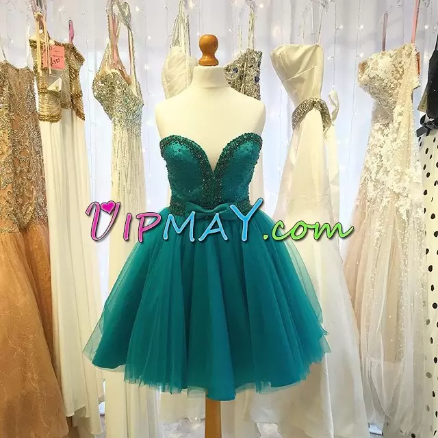 Excellent Green A-line Tulle Sweetheart Sleeveless Beading Mini Length Evening Dress