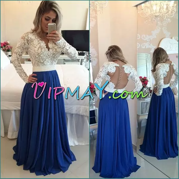 illusion dress with sleeves,illusion prom dress,white and blue prom dress,lace prom dress,open back prom dress,