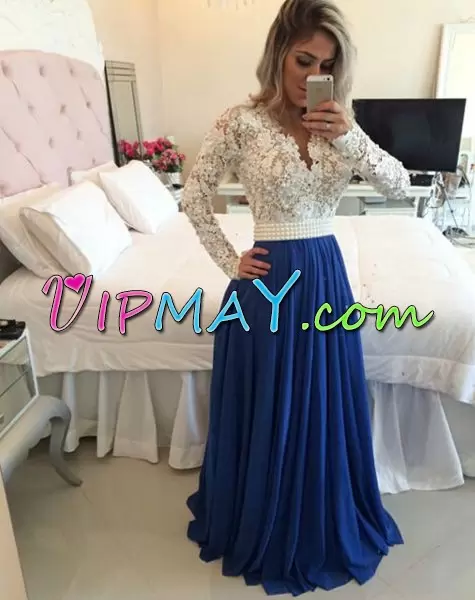 illusion dress with sleeves,illusion prom dress,white and blue prom dress,lace prom dress,open back prom dress,
