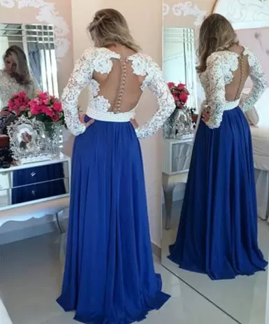 illusion dress with sleeves,illusion prom dress,white and blue prom dress,lace prom dress,open back prom dress,