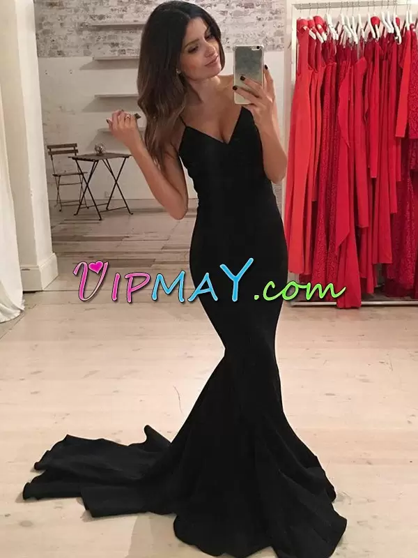 Black Mermaid V-neck Sleeveless Ruching With Train Backless Prom Homecoming Dress Brush Train