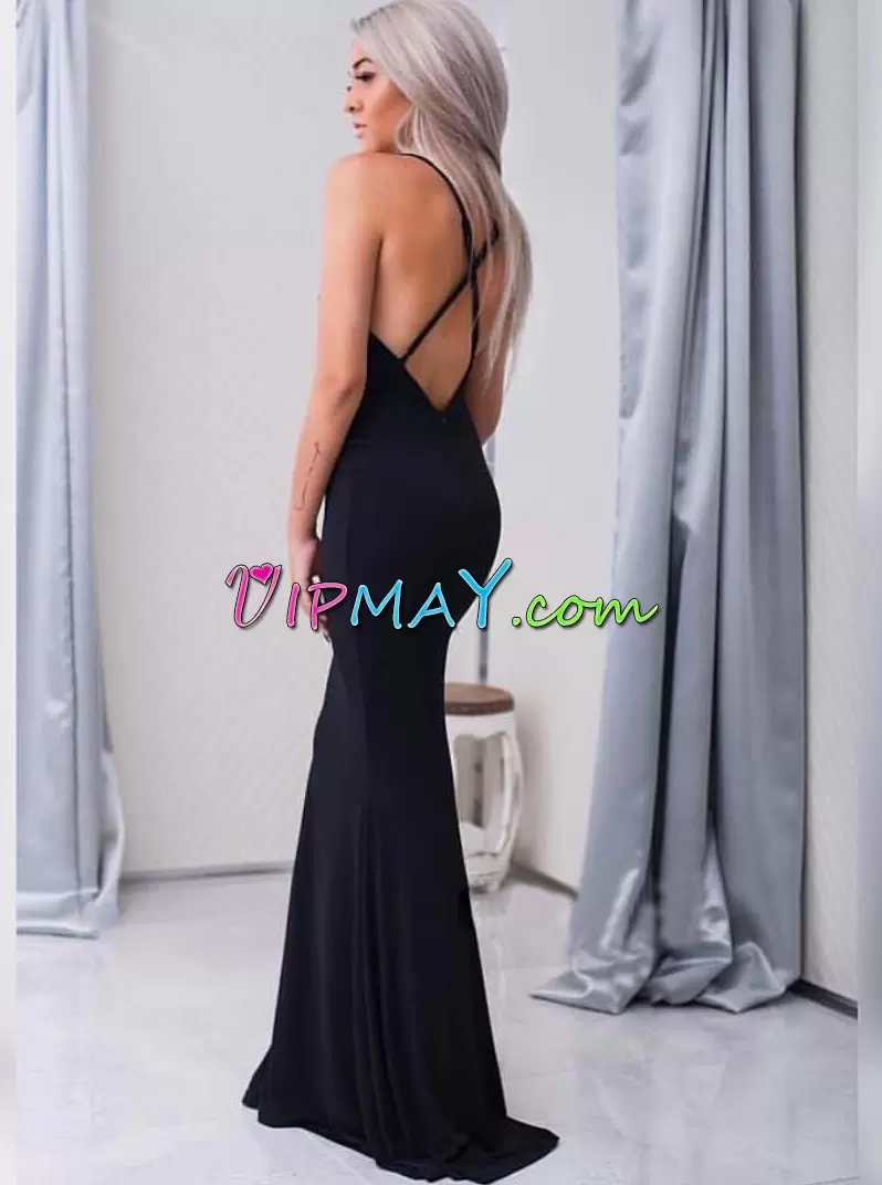 Black Mermaid V-neck Sleeveless Ruching With Train Backless Prom Homecoming Dress Brush Train