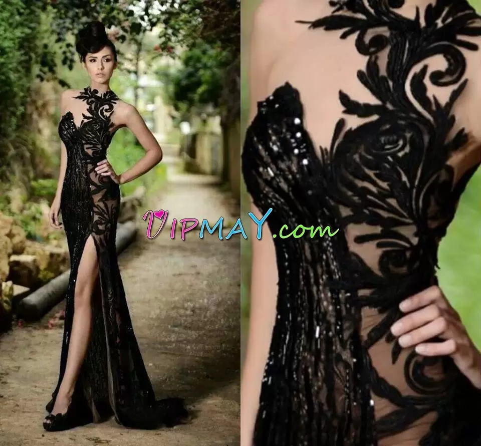 Dramatic Sleeveless Asymmetric Brush Train Lace Up Beading and Appliques Evening Dress Asymmetric