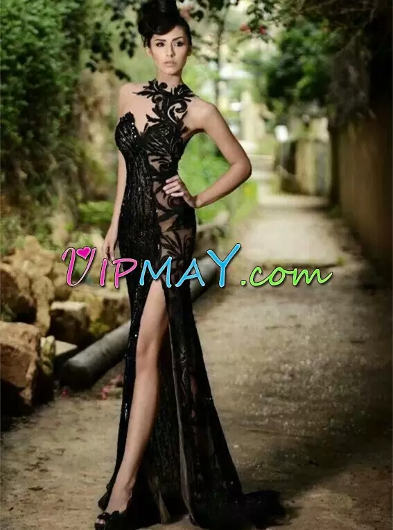 Dramatic Sleeveless Asymmetric Brush Train Lace Up Beading and Appliques Evening Dress Asymmetric