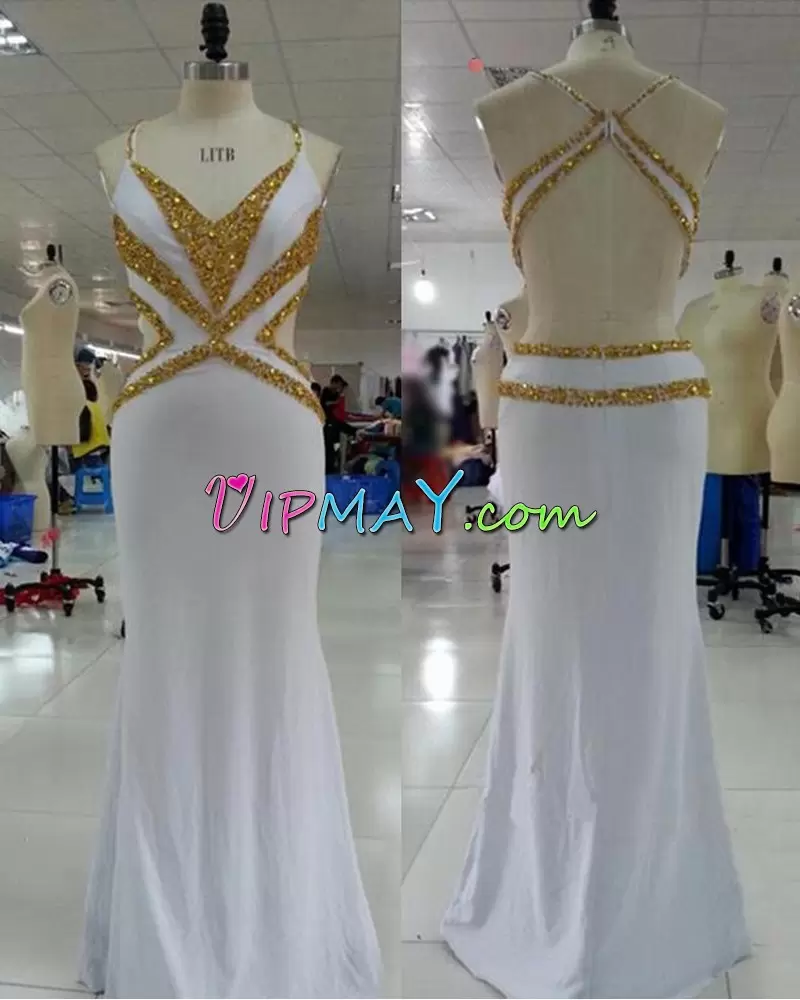 Elegant Spaghetti Straps Sleeveless Sweep Train Backless Evening Dress White Chiffon Beading