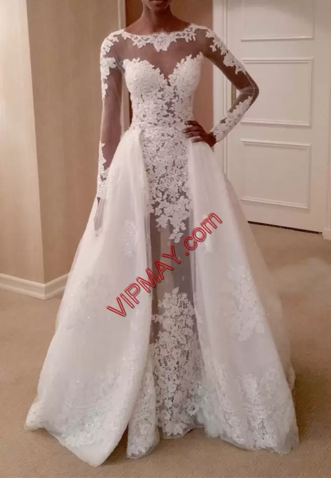 Cute Long Sleeves With Train Lace and Appliques Clasp Handle Prom Party Dress with White Brush Train