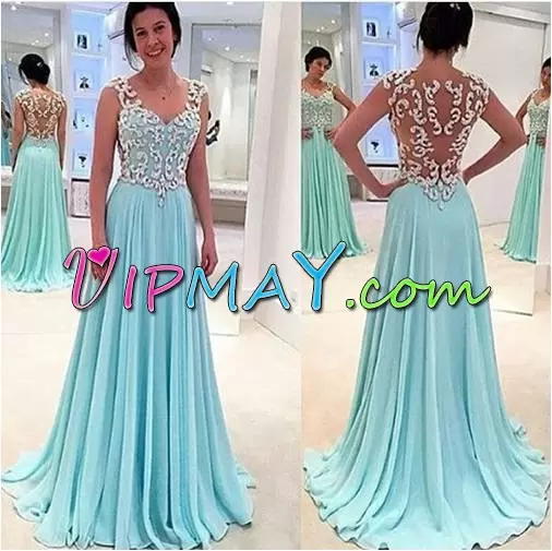 Free and Easy Turquoise Side Zipper Straps Appliques Homecoming Dress Chiffon Sleeveless Sweep Train