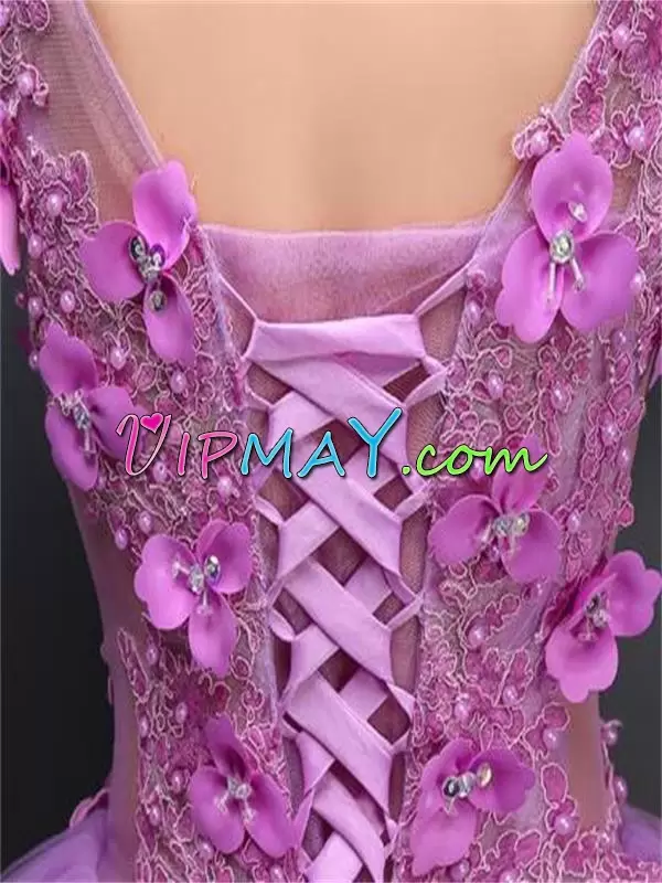 Lilac Sleeveless Mini Length Hand Made Flower Lace Up Prom Evening Gown V-neck