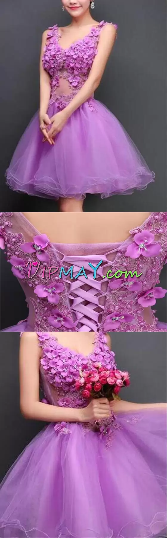 Lilac Sleeveless Mini Length Hand Made Flower Lace Up Prom Evening Gown V-neck