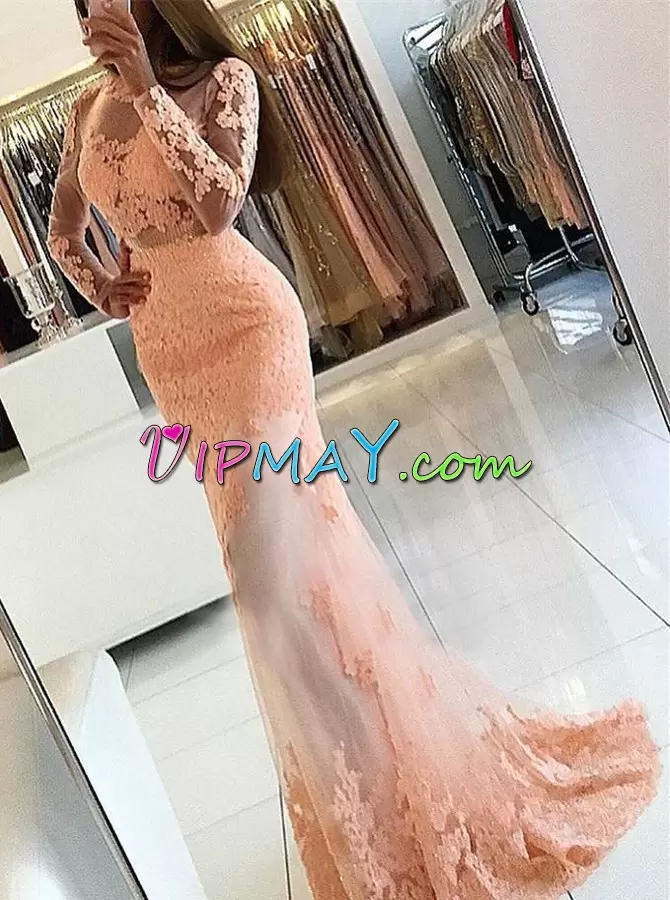 Pink Backless High-neck Lace and Appliques Dress for Prom Tulle Long Sleeves Sweep Train