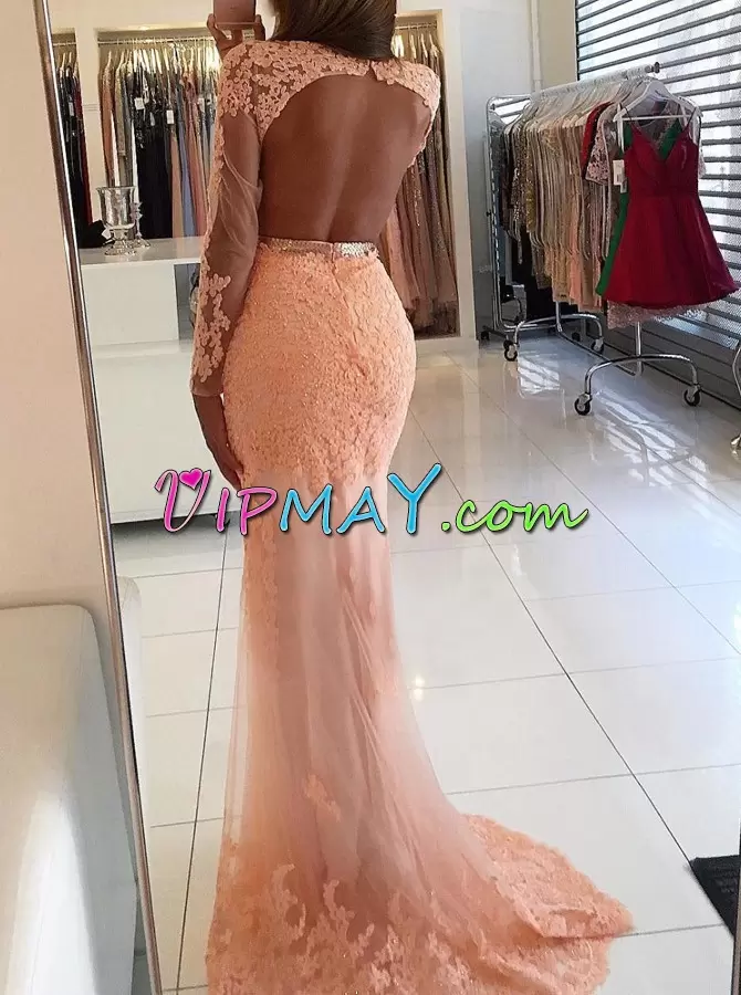 Pink Backless High-neck Lace and Appliques Dress for Prom Tulle Long Sleeves Sweep Train