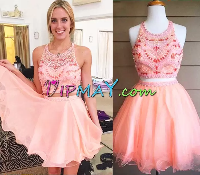 Pink and Peach Dress for Prom Prom and Party with Beading Halter Top Sleeveless