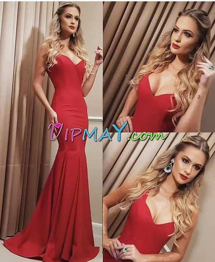 High End Red Mermaid Straps Sleeveless Satin Floor Length Lace Up Ruching Dress for Prom