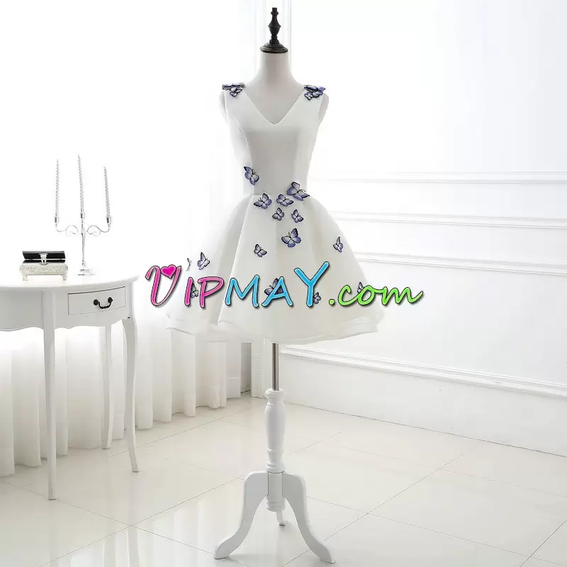 High Class White Sleeveless Appliques Mini Length Homecoming Dress