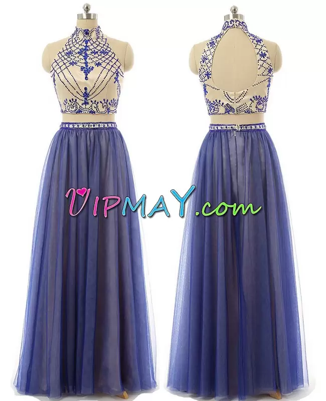 Illusion BlueTow Piece Beaded Evening Dress Zipper Tulle Sleeveless Floor Length