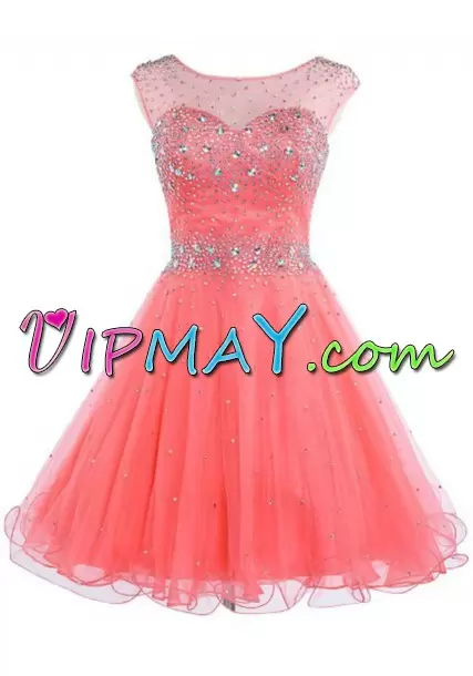 Graceful Tulle Cap Sleeves Knee Length Homecoming Party Dress and Beading