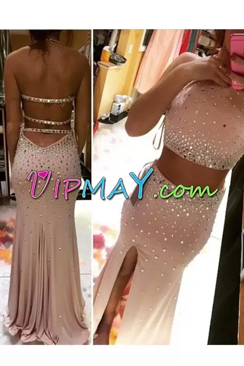 Halter Top Sleeveless Prom Evening Gown Sweep Train Beading Pink