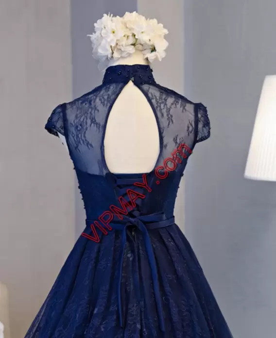 Designer Navy Blue A-line High-neck Cap Sleeves Lace Mini Length Lace Up Beading Prom Dresses