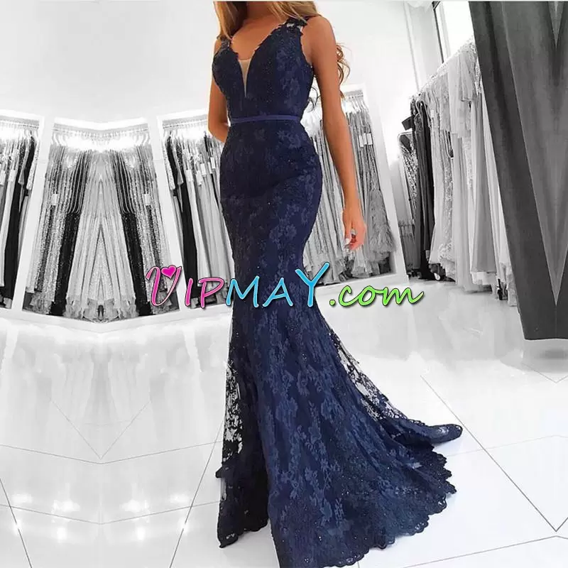 High End Lace V-neck Sleeveless Sweep Train Lace Up Belt Homecoming Gowns in Navy Blue