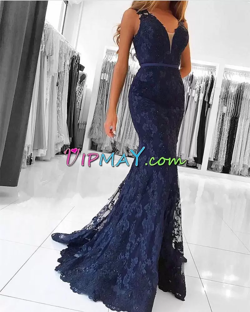 High End Lace V-neck Sleeveless Sweep Train Lace Up Belt Homecoming Gowns in Navy Blue