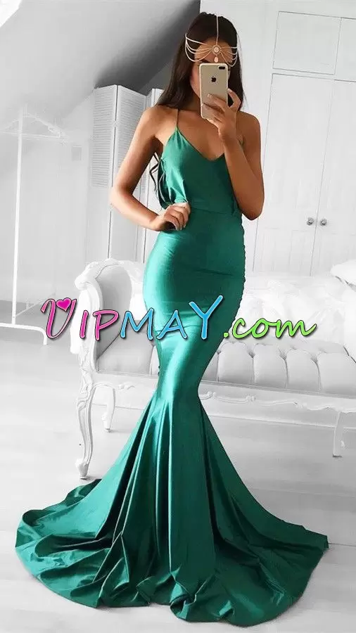 Decent Green Homecoming Dress Online Satin Sweep Train Sleeveless Ruching