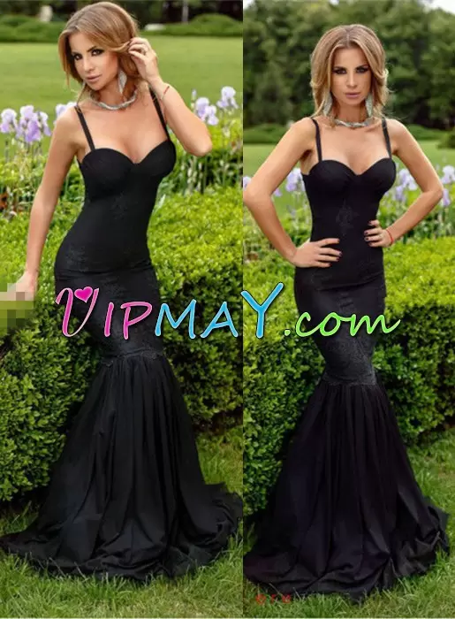 Sleeveless Sweep Train Lace Up Prom Dresses in Black with Appliques