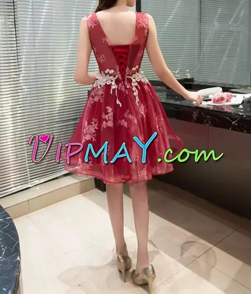 Stylish Red Scoop Lace Up Appliques Evening Dress Sleeveless