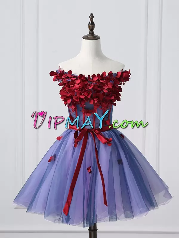 Captivating Purple Tulle Off The Shoulder Sleeveless Mini Length Homecoming Gowns Hand Made Flower