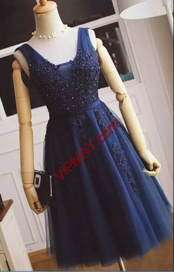 Colorful Tulle Strapless Sleeveless Backless Lace and Appliques Homecoming Dresses in Navy Blue