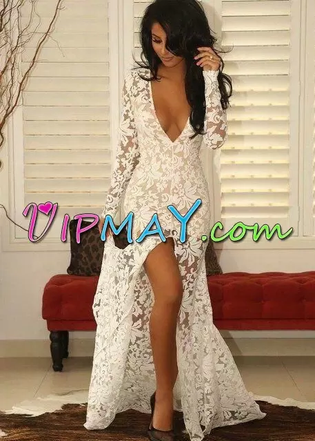 Most Popular Floor Length White Prom Dress V-neck Long Sleeves