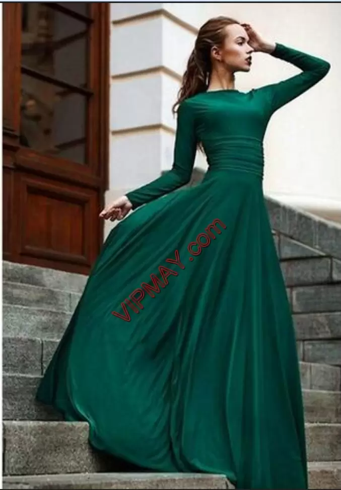 Cheap Scoop Long Sleeves Zipper Evening Dress Dark Green Ruching