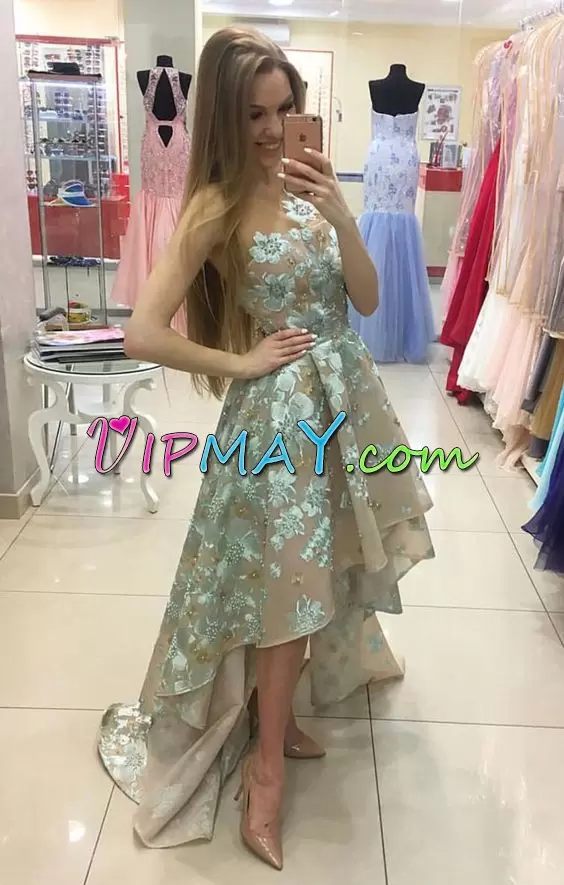 Shining Scoop Sleeveless Sweep Train Lace Up Beading and Embroidery Hoco Dress in Multi-color