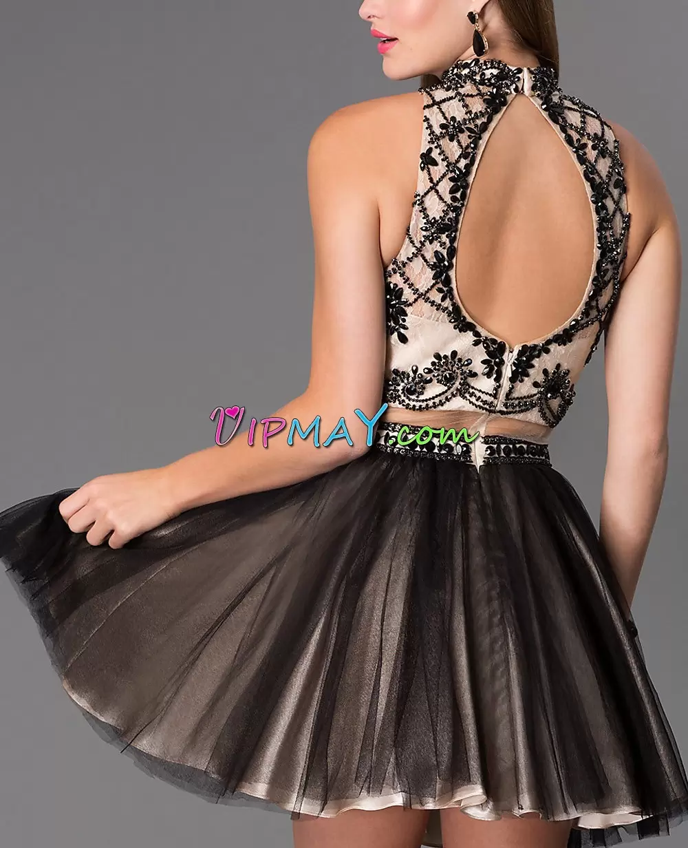Romantic Black Two Pieces Tulle Halter Top Illusion Mini Length Backless Prom Gown with Beading