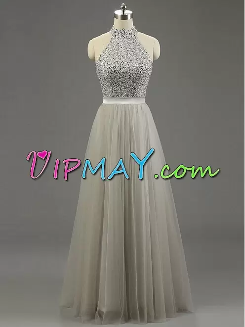 Vintage Sleeveless Satin and Tulle Floor Length Sweep Train Lace Up Prom Dresses in White with Beading and Lace