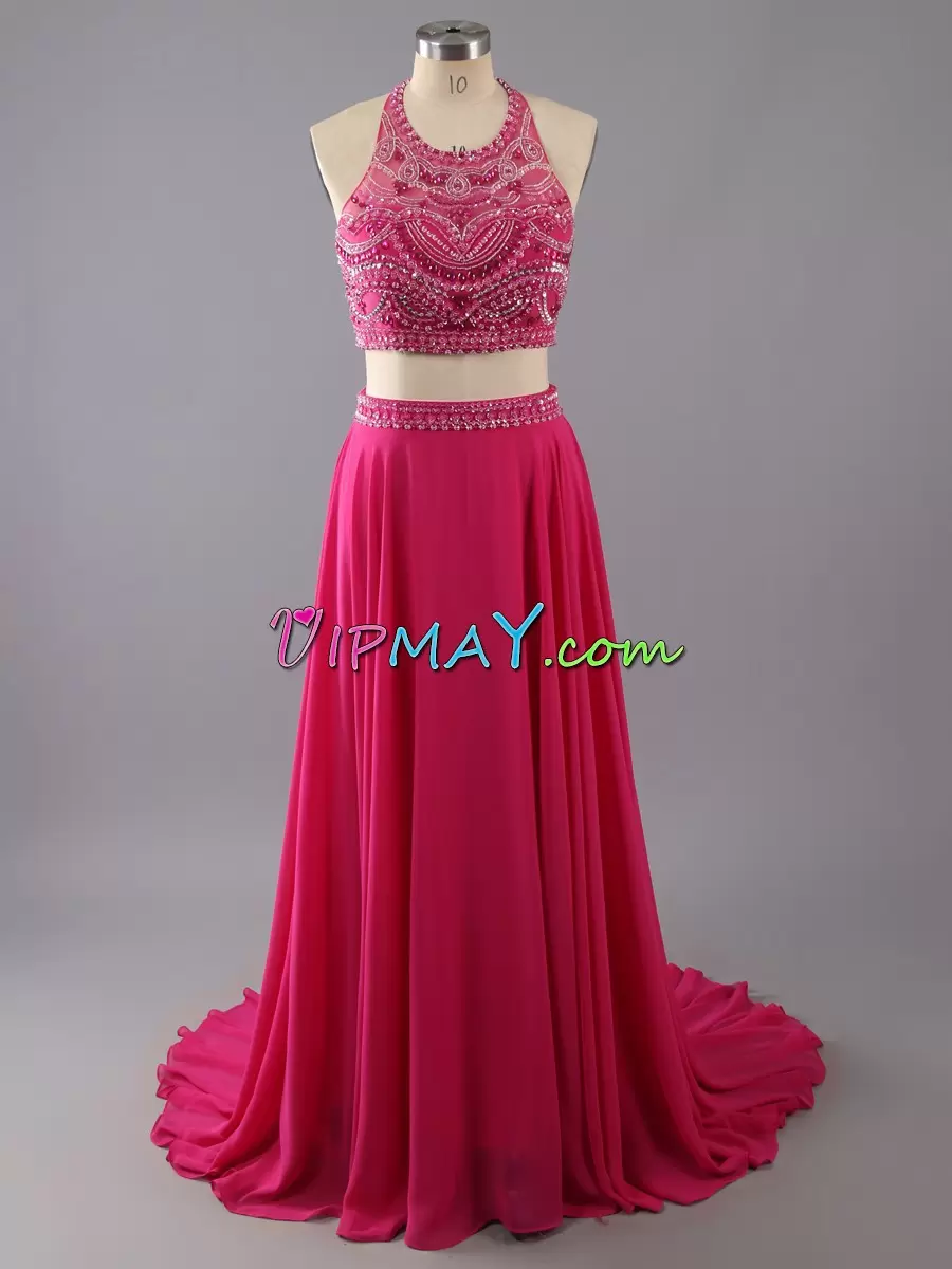 Glamorous Hot Pink Lace Up Halter Top Beading and Lace Prom Dresses Satin and Organza and Chiffon Sleeveless Sweep Train