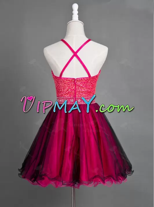 Mini Length A-line Sleeveless Red and Fuchsia Prom Dresses Backless