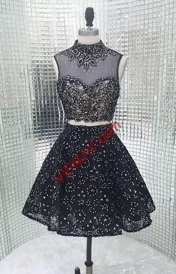 Elegant Black Two Piece Sleeveless Mini Length Prom Party Dress with Silver Beading