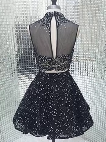 Elegant Black Two Piece Sleeveless Mini Length Prom Party Dress with Silver Beading