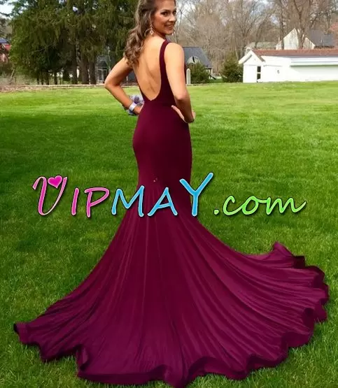 Sleeveless Ruching Backless Dress for Prom with Burgundy Sweep Train