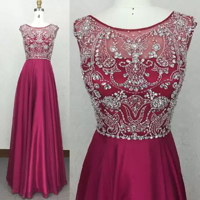 Pretty Fuchsia Empire Scoop Sleeveless Beading Floor Length Prom Homecoming Dress