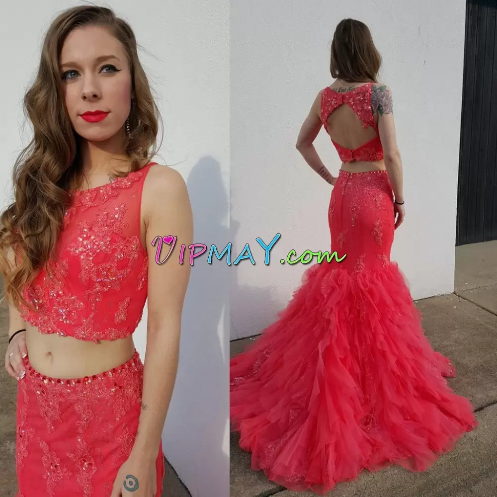 Hot Pink Scoop Backless Beading Homecoming Dresses Sweep Train Sleeveless