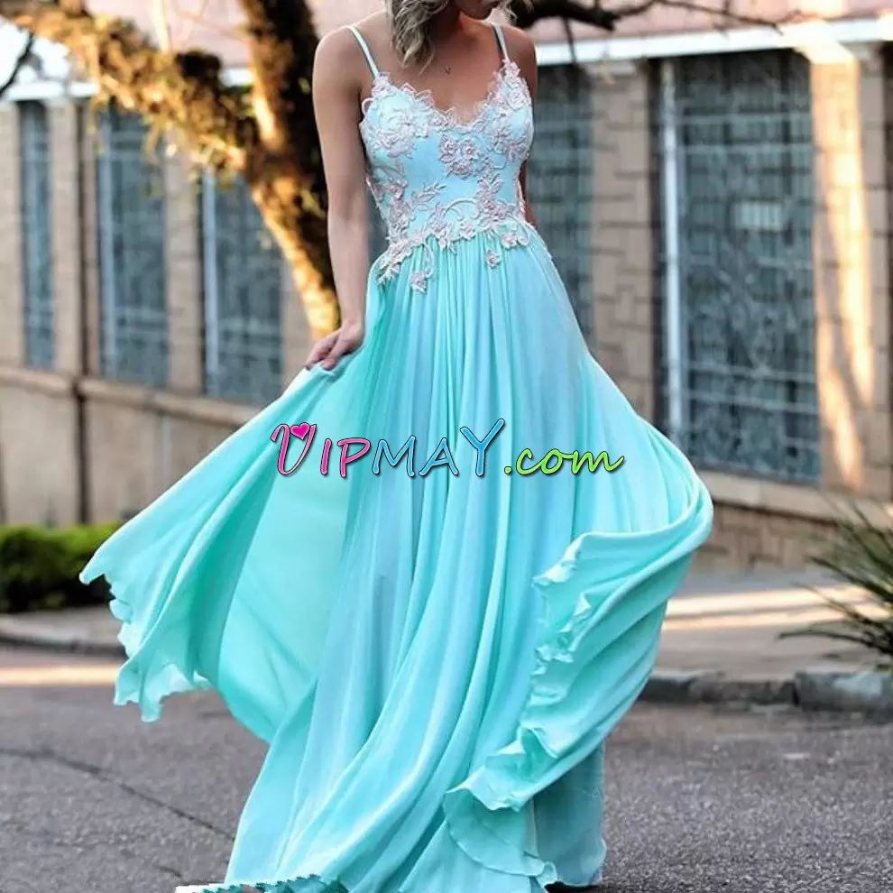 Admirable Aqua Blue Prom Dresses Spaghetti Straps Sleeveless Sweep Train Zipper