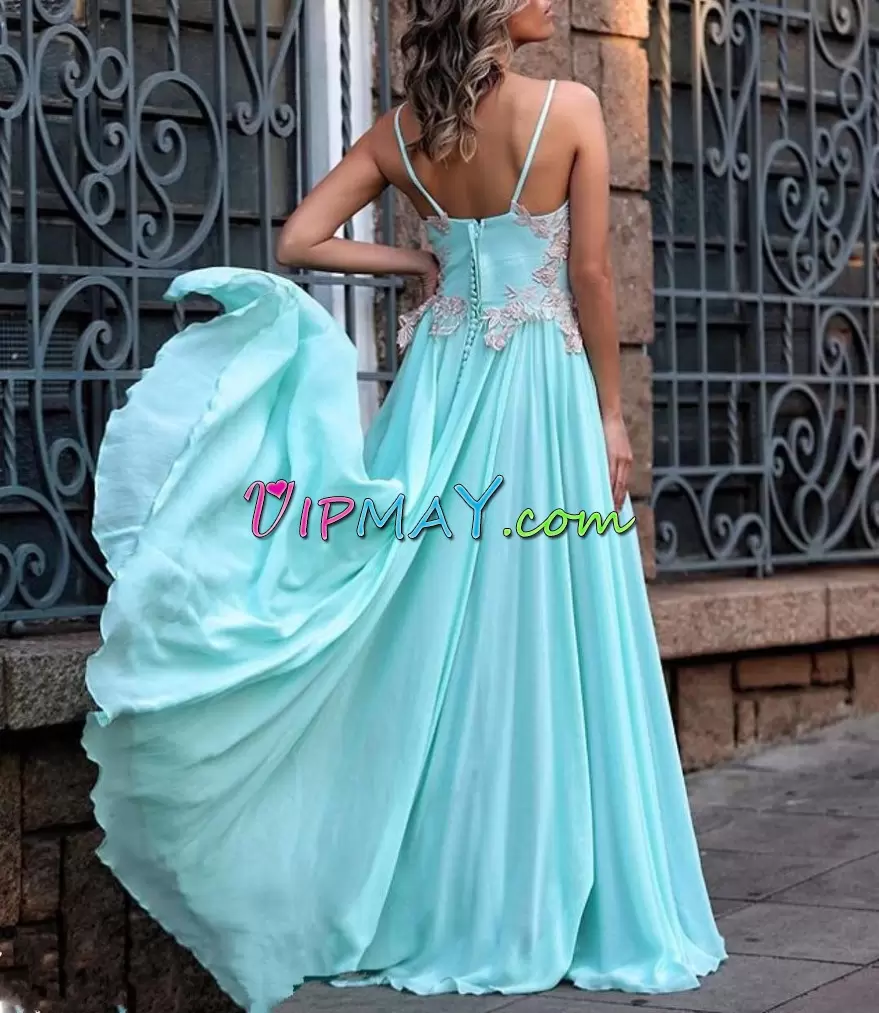 Admirable Aqua Blue Prom Dresses Spaghetti Straps Sleeveless Sweep Train Zipper