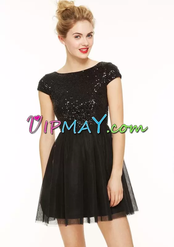 New Arrival Scoop Cap Sleeves Zipper Evening Dress Black Tulle Beading