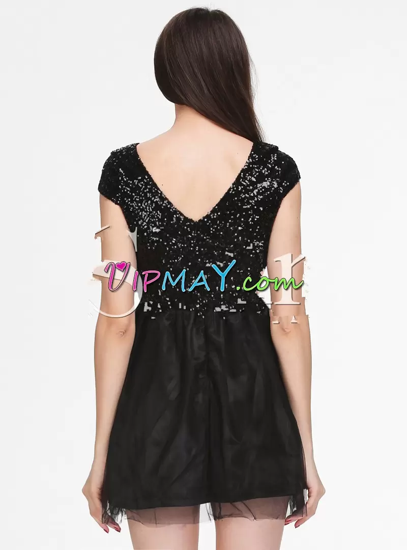 New Arrival Scoop Cap Sleeves Zipper Evening Dress Black Tulle Beading