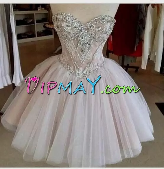 Romantic Sleeveless Mini Length Beading Lace Up Dress for Prom with Champagne